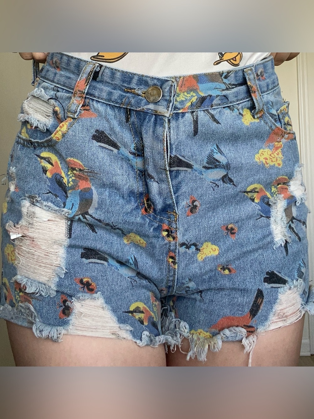 Blue denim shorts with hummingbird print and frayed hem